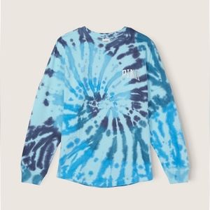 PINK VS Fleece Oversized Crewneck Light Sky Spiral Tie Dye Shine NWT